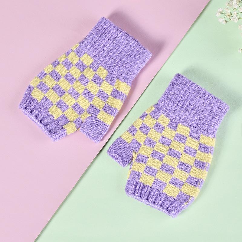 Warm Gloves Knitted Half-finger Plaid Cold-proof Gloves for Women Winter