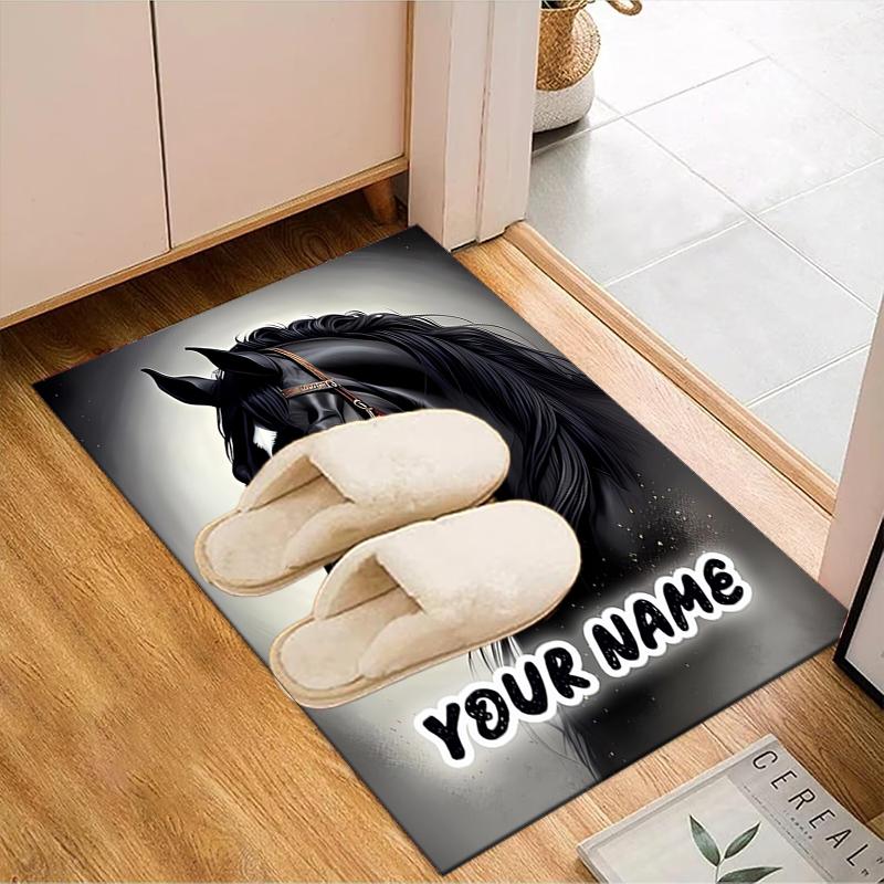 1PC Custom Name Elegant Horse Portrait Theme Floor Mat Ideal for Living Room, Game Rooms, Office, Bedroom, Floor Mat Playful Design