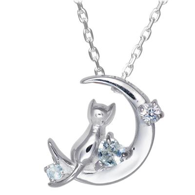 Necklace Crescent Moon Cat Silver Selectable Birthstone March Aquamarine Mirai [Mirai Angel] Women's 1165WEB_AQ