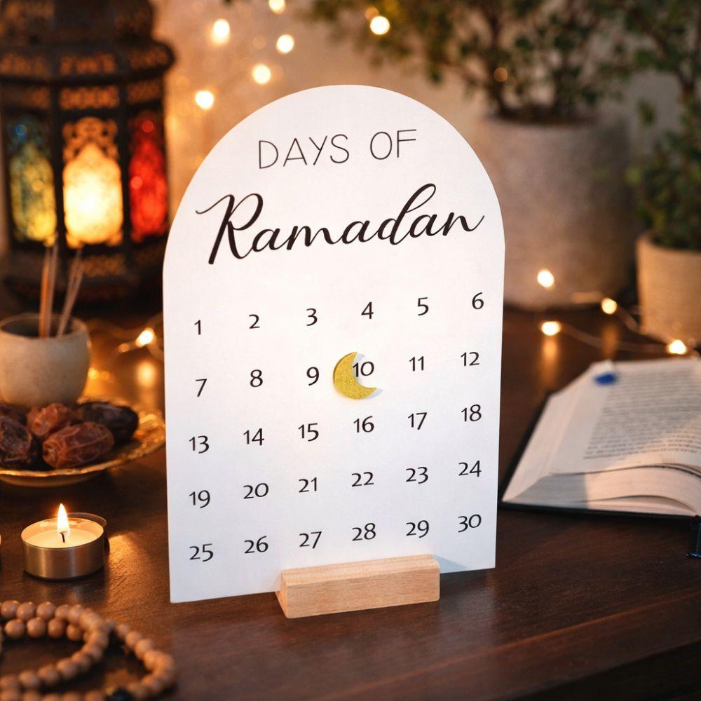 Acrylic Ramadan Advent Calendar White Mirror Wooden Base Ramadan Table Ornament DIY Crafts 30 Days Eid Mubarak Decor