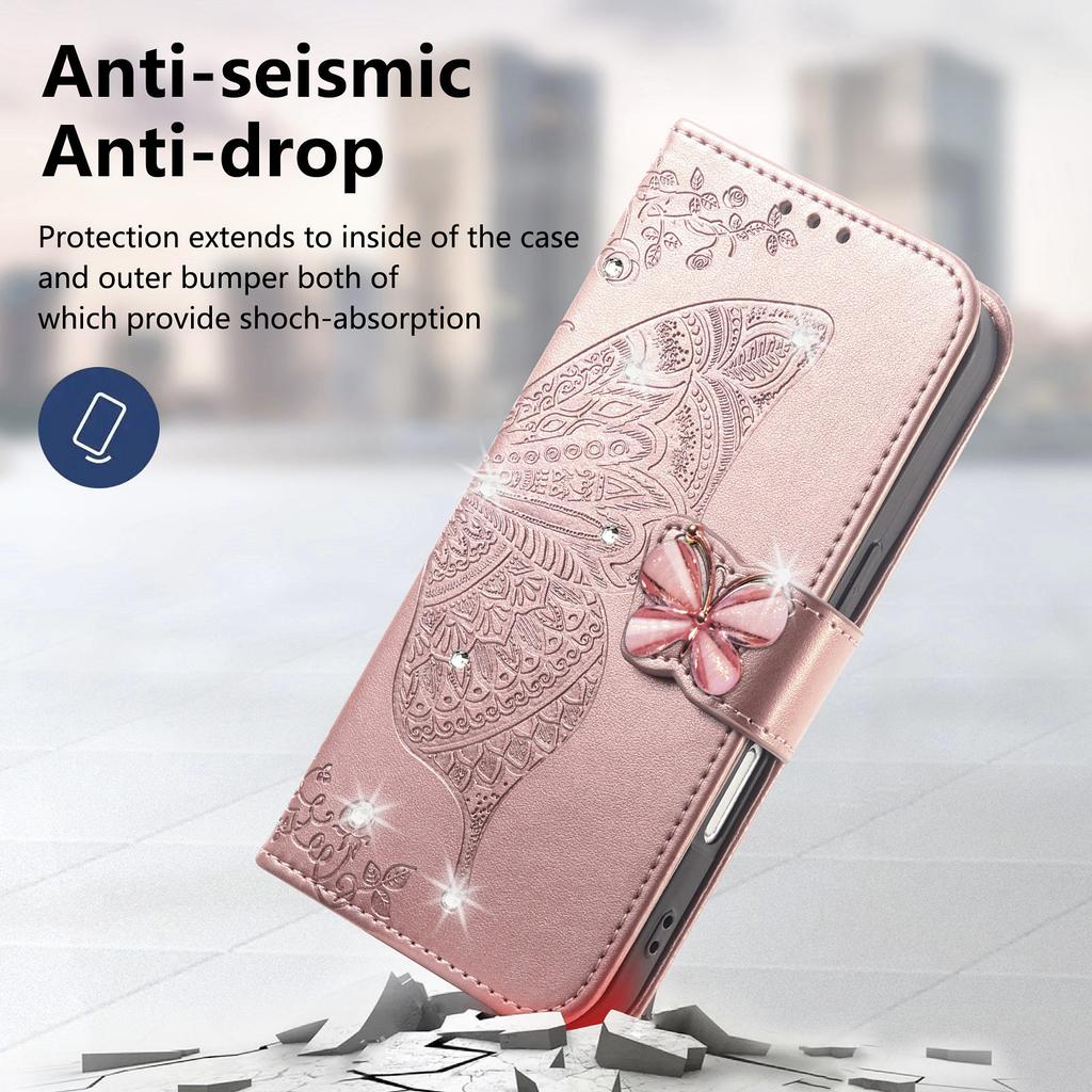 For iPhone 17 Pro Case 3D Rhinestone Decor Butterfly Flower Leather Phone Cover with Wrist Strap
