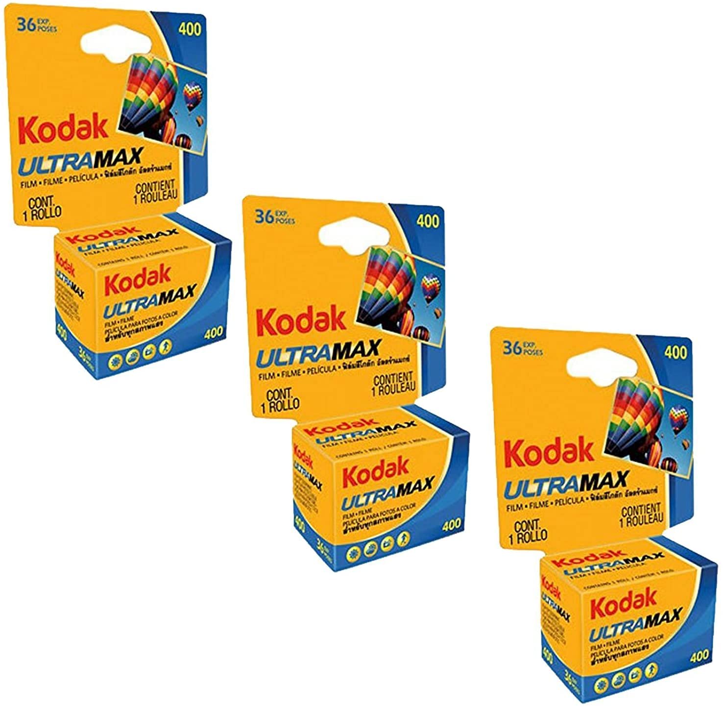 

Kodak Ultramax 400 color print film 36 35mm DX 400 108 (Kodak) 3-pack, exposures, 135–36 (total exposures).