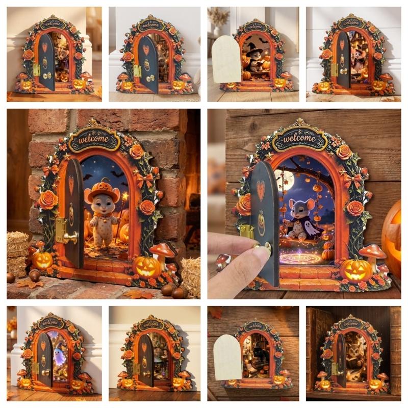 Wooden Indoor Halloween Arched Door Plaque Two Layer Sign with Round Adhesive Mounts for Party Entry Accent Use