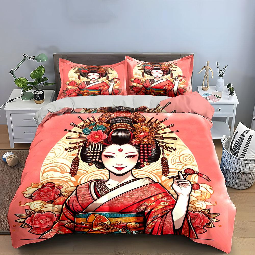 Traditional Geisha Art Set Soft Skin-Friendly Bedding Set Includes 1 Duvet Cover And 2 Pillowcase, Gift