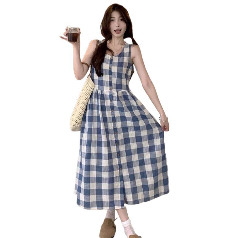 Retro style plaid button off-the-shoulder vest dress women's summer casual loose waist thin A-shaped long dress