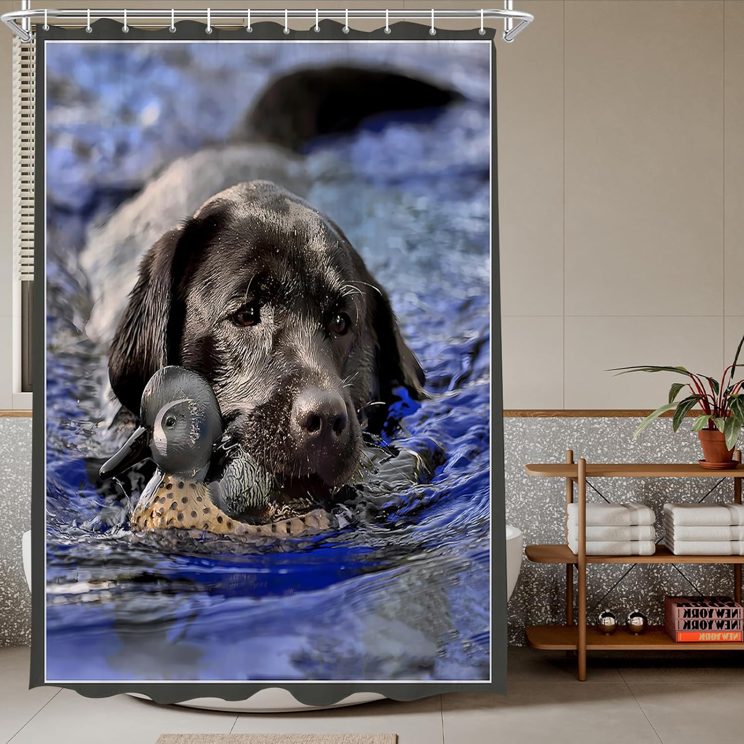 

Funny Dog Hunting Duck Shower Curtain Labrador Family Cute Animal Nature Scene Waterproof Bathroom Decor With Hooks W60H190(CM)-1 Pcs