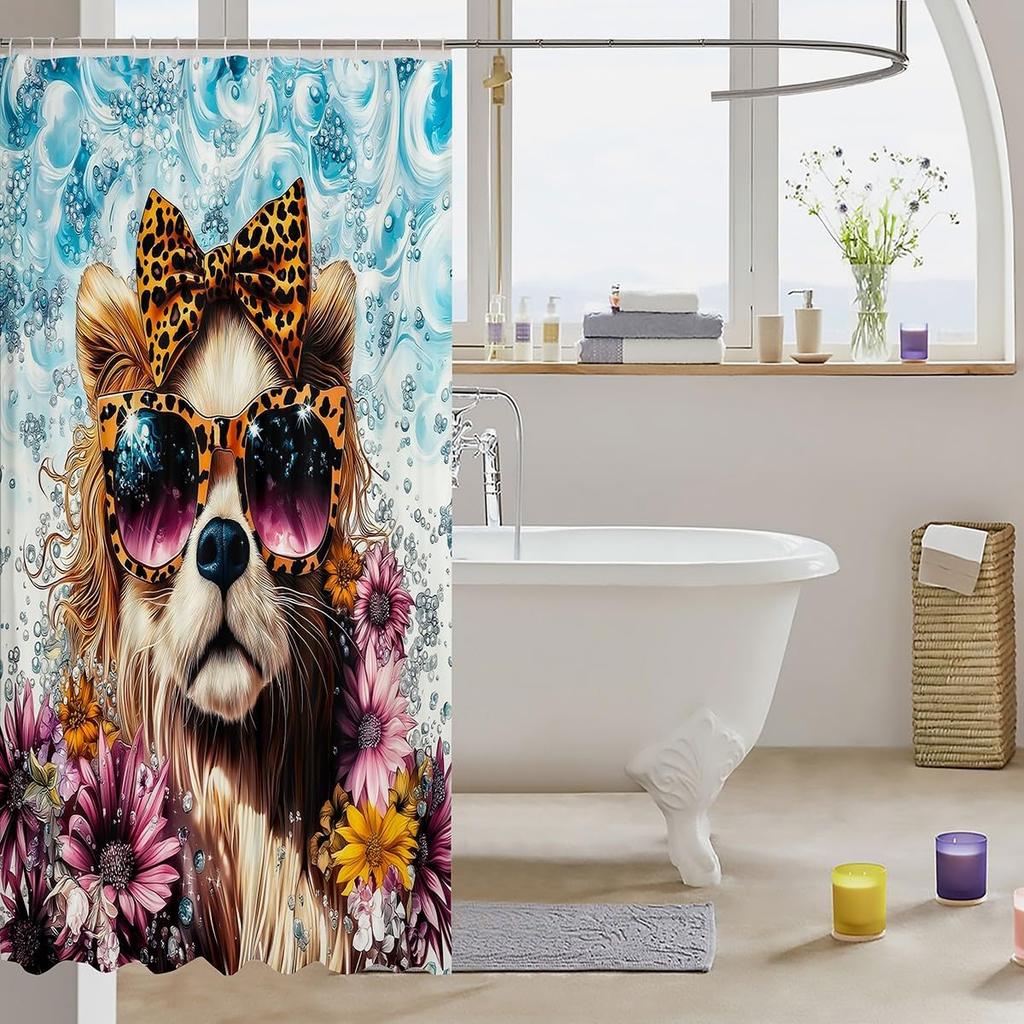 Cute Pet Dog Shower Curtain For Bathroom Decor Floral Bath Curtain Farmhouse Dog Bathroom Accessories Leopard Bow Waterproof