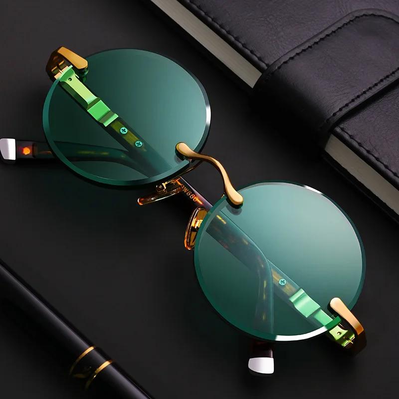 Fashion Classic Rimless Sunglasses Women Men Crystal Dark Green Lens Sun Glasses Retro Round Glasses Outdoor Driving Eyeglasses
