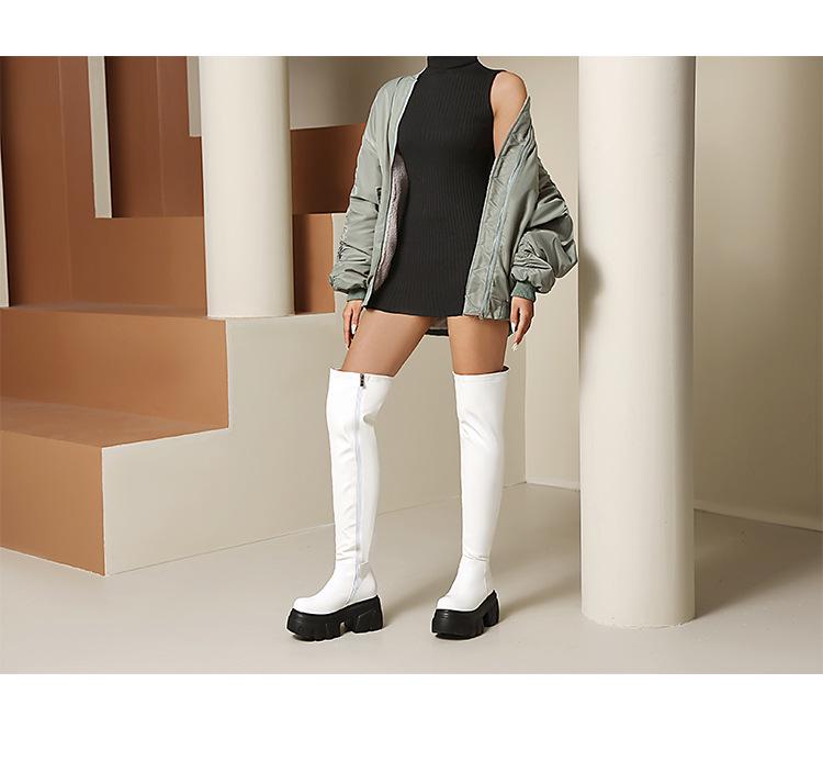 Elastische Plateau-Stiefel mit klobigem Absatz, kniehoch, aus Lackleder für Damen – Schmale Passform, Herbst/Winter Bühnenstiefel