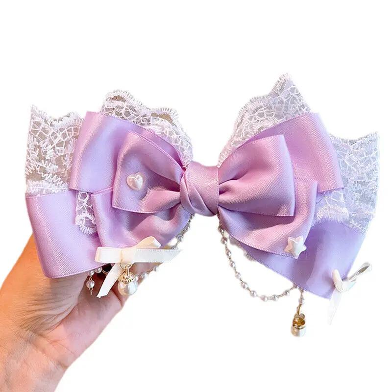 Damen Rosa Lila Blau Grün Lolita Stil Haarspange Schleife Spitze mit Perlenbesatz Handgefertigt Cosplay Kopfschmuck Accessoire