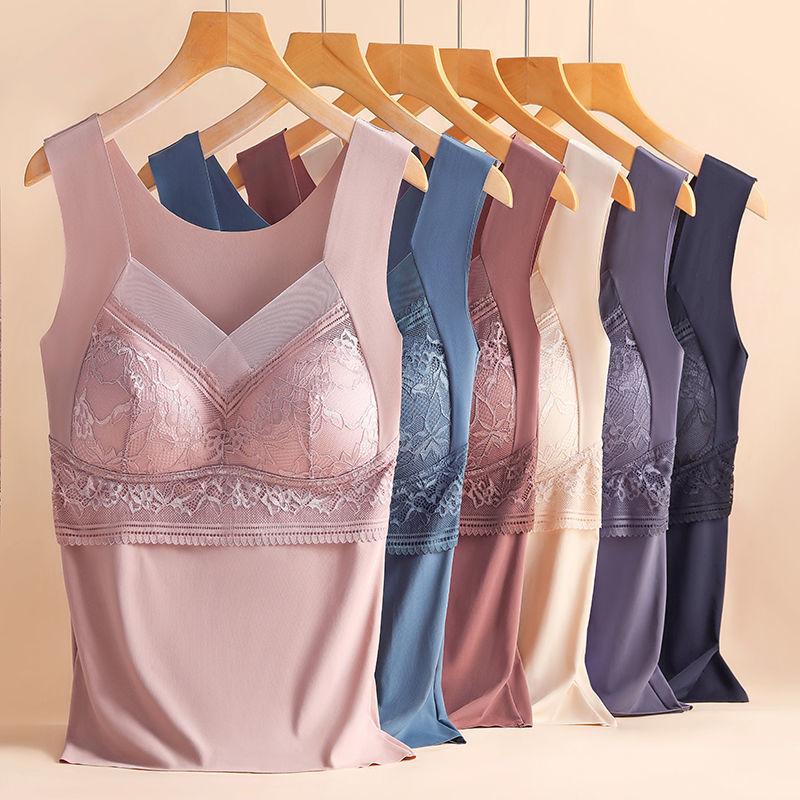 Women's Winter Warm Lace Velvet Thermal Vest Embroidered Fixed One-Cup Slim Bottoming Thickened Underwear