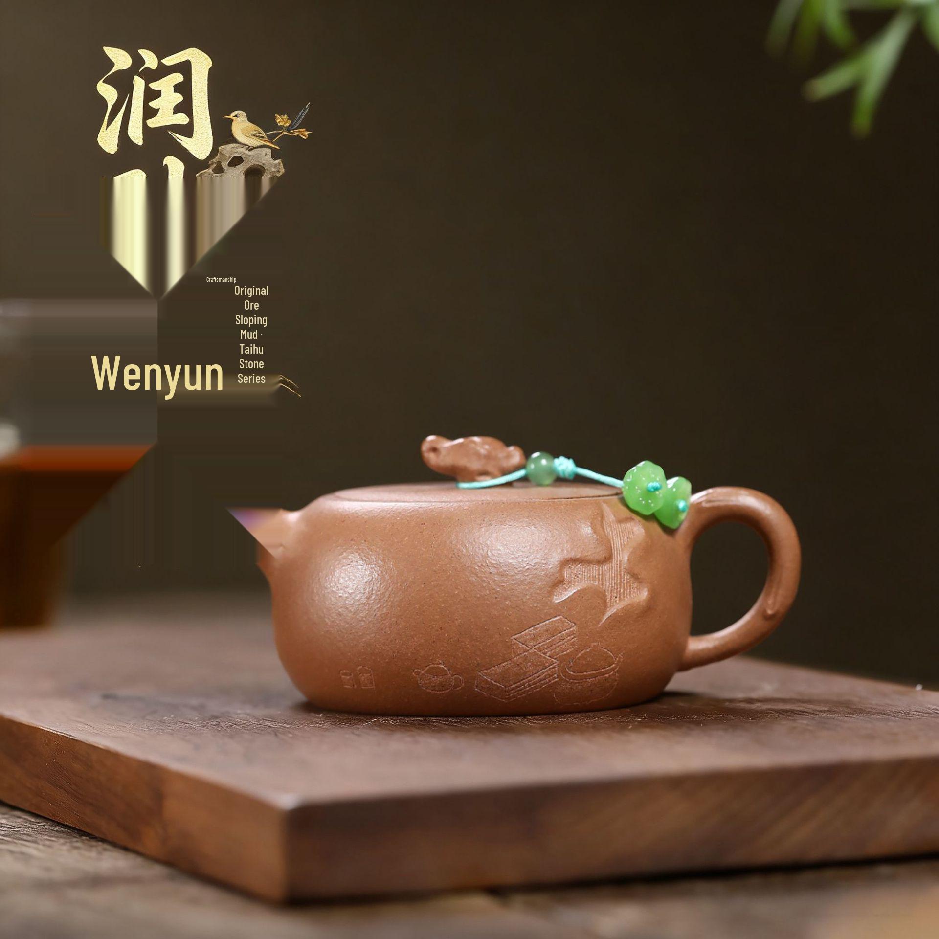 Handmade Yixing Purple Clay Kung Fu Tea Set with Polished Sand and Taihu Stone Carvings 150CC