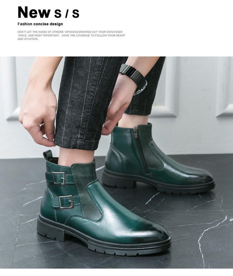 Men's High-Top Plus Size Double Buckle Leather Boots - British Style, Slip-On, Martin Design, Autumn Winter Collection