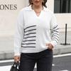 Women Plus Size Color Block Striped Polo Neck Long Sleeve Loose Pullover Knit Sweater