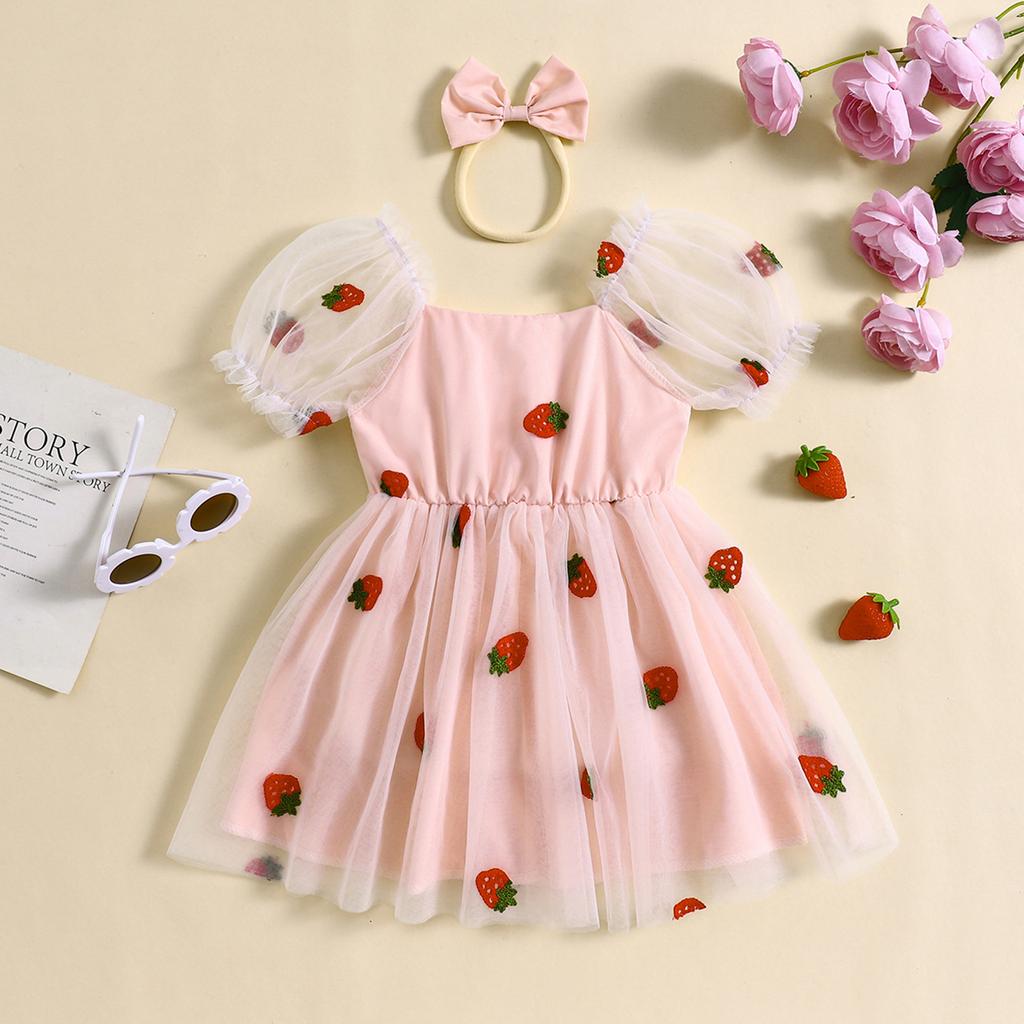 Kids Girl 's 2-piece Outfit, Puff Sleeve Embroidery Strawberry Tulle A-line Dress with Headband Summer Outfit
