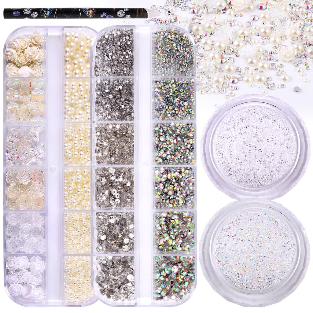 12 Grid Mixed Size Nail Art Flat Bottom Diamond 12 Grid Set Nail Art Resin Aurora Butterfly High Shiny Diy Nail Art Diamond