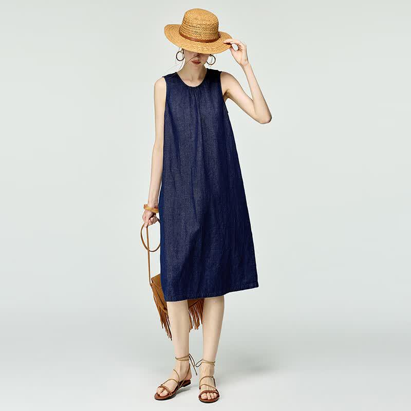 Women's Retro Denim Hemp Sleeveless Midi Dress