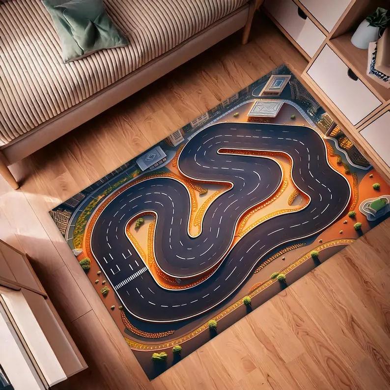 Racing Track Carpet Mat Rug Home Decoration 3D Race Car Track Area Rug Kids Bedroom Living Room Floor Play Mat Bedroom Decor