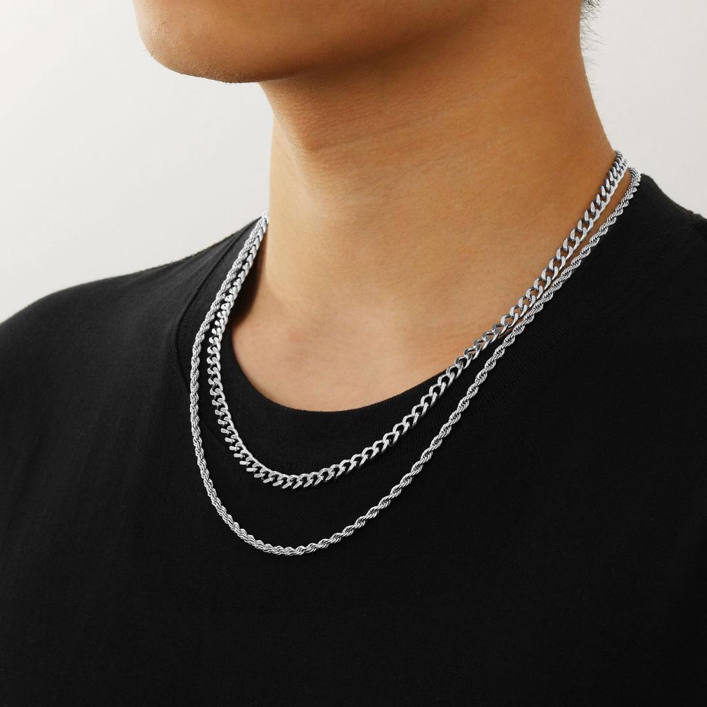 DuoDiner Men's Silver Double-Strand Necklace, Hypoallergenic, Curb Chain, Surgical Stainless Steel, 40/45/50/55cm (Silver, 50/55cm)