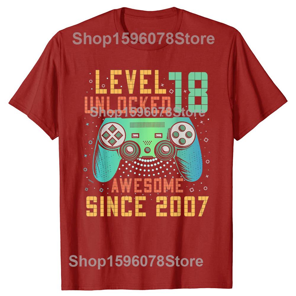 Funny Level 18 Unlocked 18th 18 Year Old Boy Gaming Graphic 2007 T Shirts Men Cotton Humor Streetwear Unisex Loose Clothing