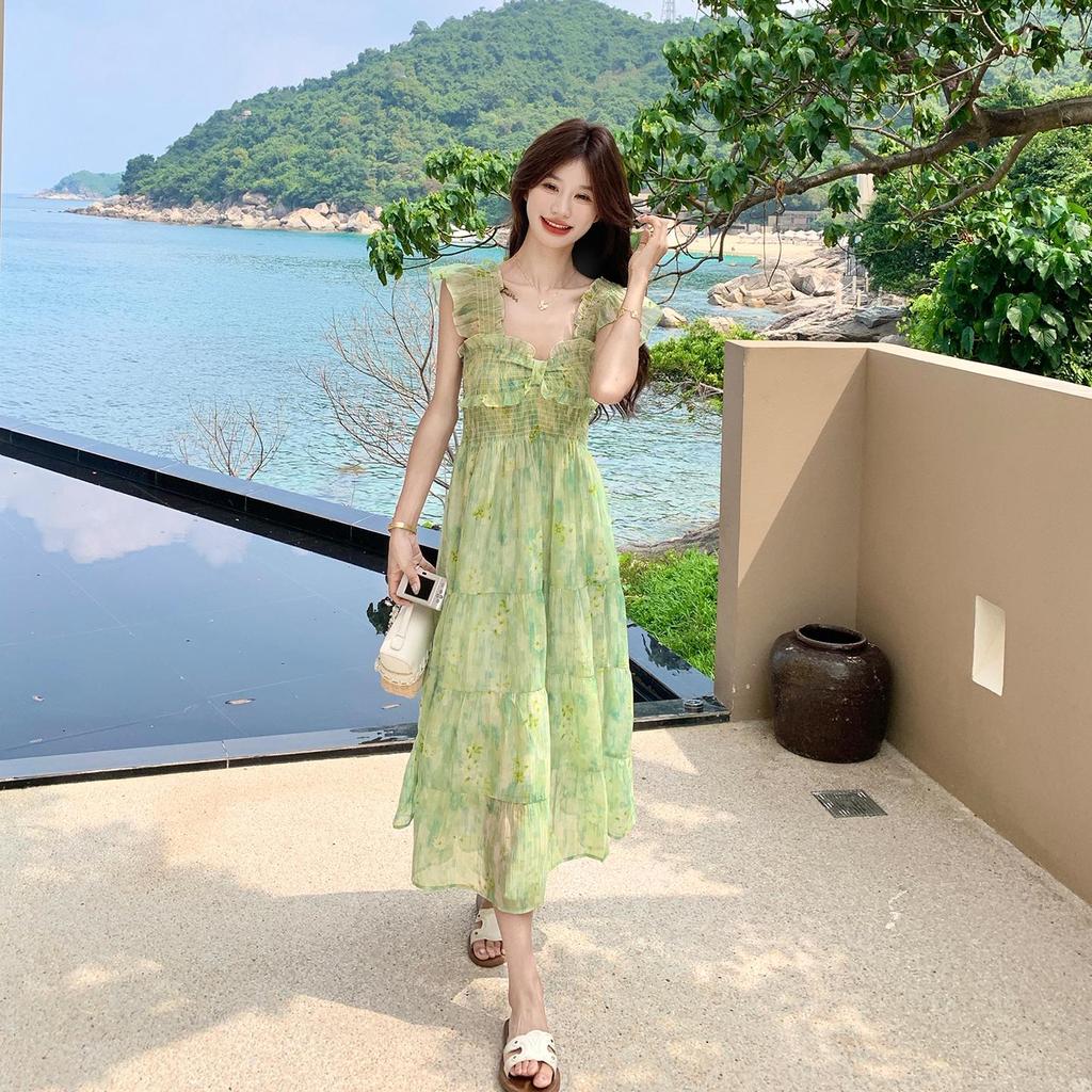 Women Green Floral Maxi Dress, Ruffle Sleeve Tiered Vacation Dress