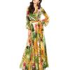Übergröße Böhmisches Strand Damen Blätterdruck V-Ausschnitt Lange Laternenärmel Maxi-Kleid