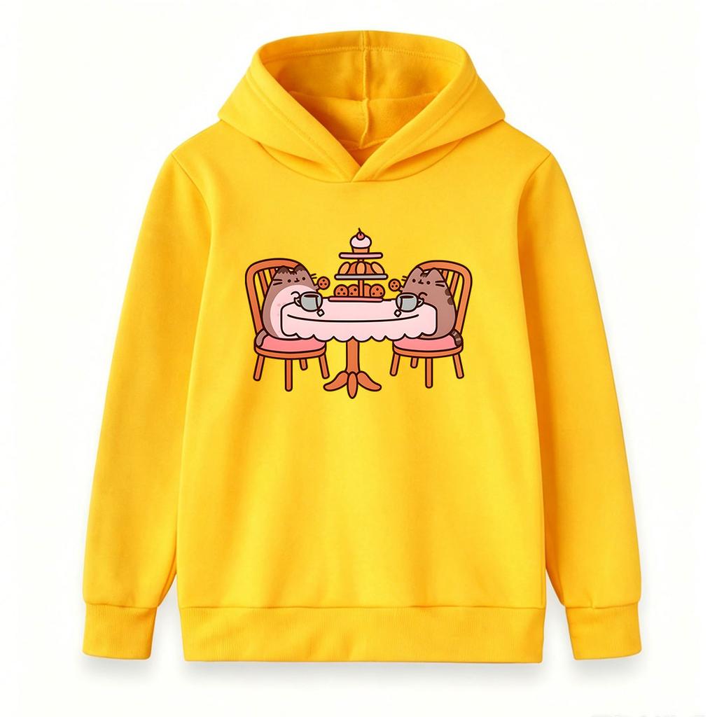 Kids Boys Girls Hooded Sweatshirt, Cute Cartoon Cat Afternoon Tea Print Casual Pullover Hoodie, Soft Warm Long Sleeve Top for Daily Wear and School Gi