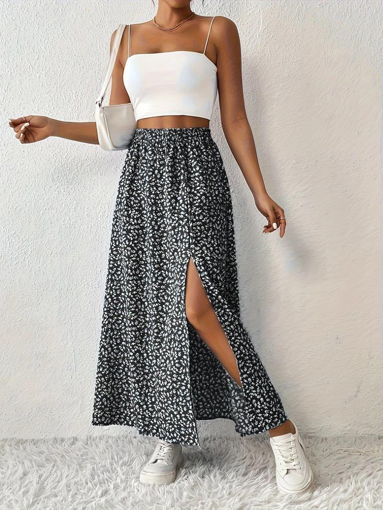 European & American Holiday Floral Print Midi Skirt with Slit