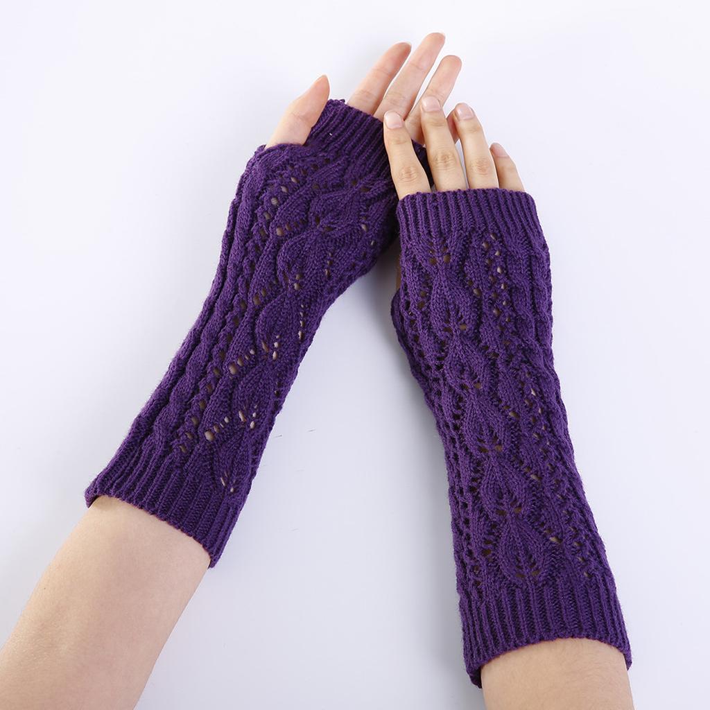 Hollowed Out Leaf Fingerless Gloves for Women's Autumn and Winter  New Mesh Warm Knitted Woolen Half Finger Arm Covers