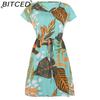 BITCED Spring/Summer Floral Print Drawstring V-Neck Short-Sleeve Vacation Casual Loose Dress
