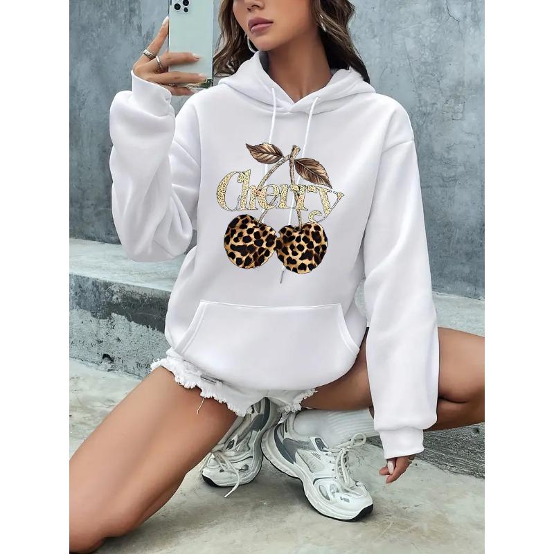 Kapsa s kapucí Mikina Streetwear Leopard Třešňový potisk Dlouhý rukáv Mikina Oblečení Hoody Podzim Zima Mikiny