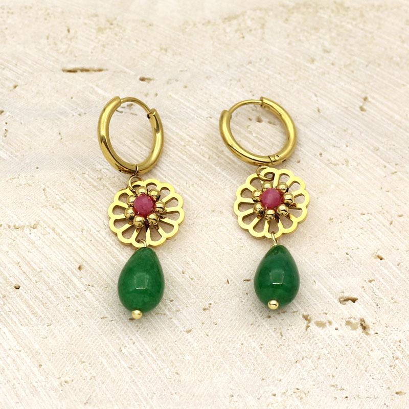 French Retro Natural Stone Titanium Flower Earrings, Gold Plated Stainless Steel, Handmade Drop Accessories зелёный