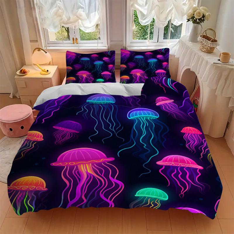 3pcs Jellyfish, Neon Print Bedding Set, Ideal for Home Use, Suitable for Bedroom Decor (1*Duvet Cover + 1/2*Pillowcases, No Core) yy250821180