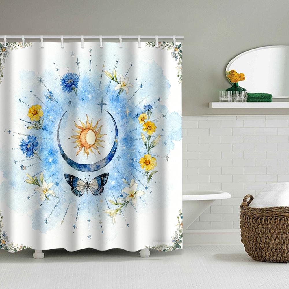 1/4 Marine Organisms Print Shower Curtains, Toilet Seat Decoration, Shower Curtain with Carpet and Toilet Lid, 70.8x70.8 Inch