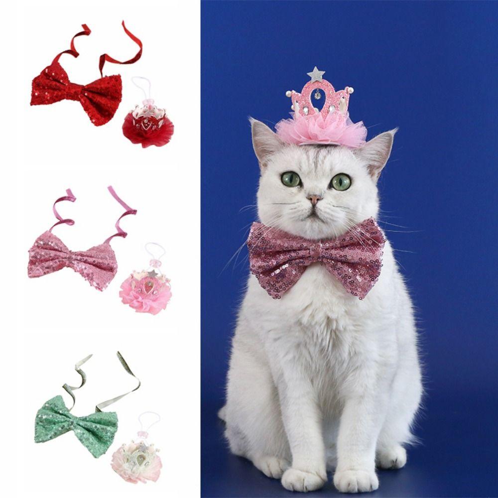 2Pcs/Set Creative Pet Sequin Bow Tie Adjustable Pet Crown Collar Pet Headpiece  Pet birthday Costume