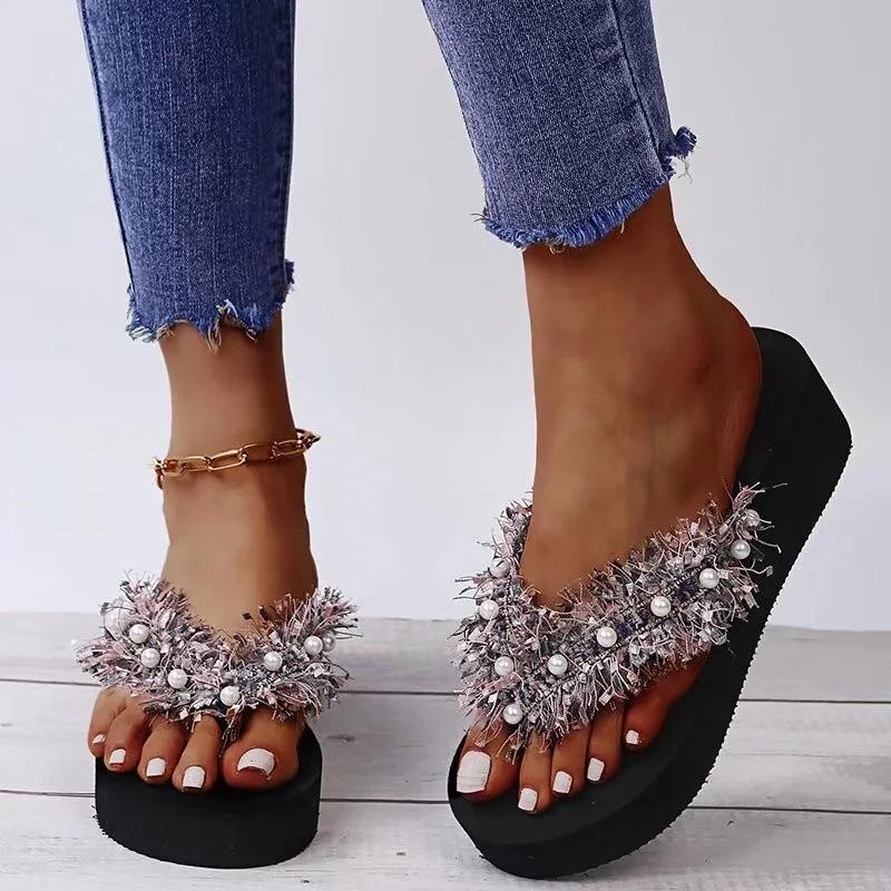 Fashion Women's Flip Flops Fashion Pearl Decor Thick Bottom Slippers Women Colorful Sequins Clip Toe Wedge Sandals Light Non Slip Slides