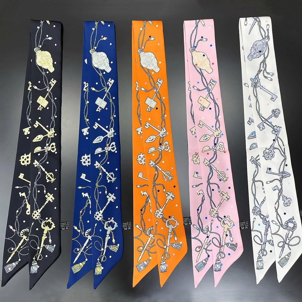 Women Noble Key Printing Skinny Bag Scarf Brand Twill Silk Foulard Neck Tie Scarves For Ladies