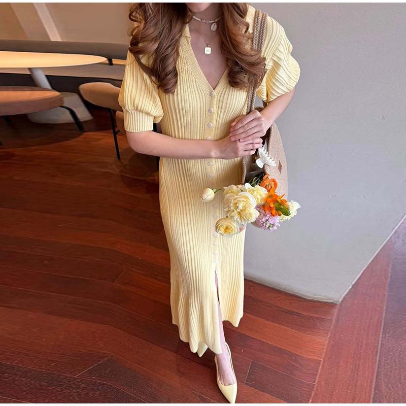 Damen Strickkleider mit Puffärmeln, einreihig geknöpft, lang, frisch, einfarbig, schlankmachend, Sommerneu, eleganter Damenstrickstil