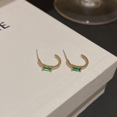 S925 Silver Needle Emerald Green Zircon C-Shaped Earrings - Trendy, Luxurious, Retro Geometric Design for Women