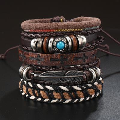 Heißer Verkauf Neues Feder Türkis Legierungszubehör Fünfteiliges Rindslederarmband Retro Modeschmuck