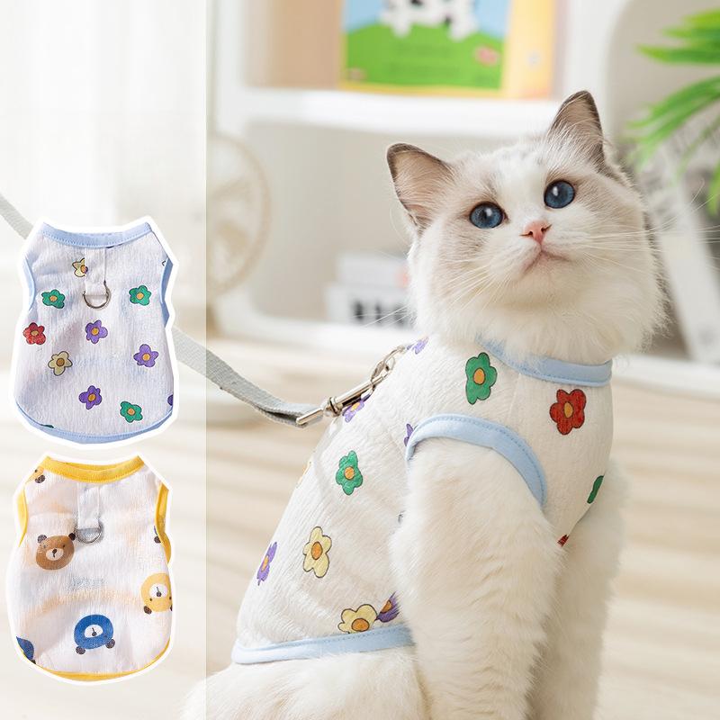 

Cat Spring and Summer Breathable Dog Full Print Flower Mesh Traction Vest Teddy Bear Hairless Cat Pet Clothes L