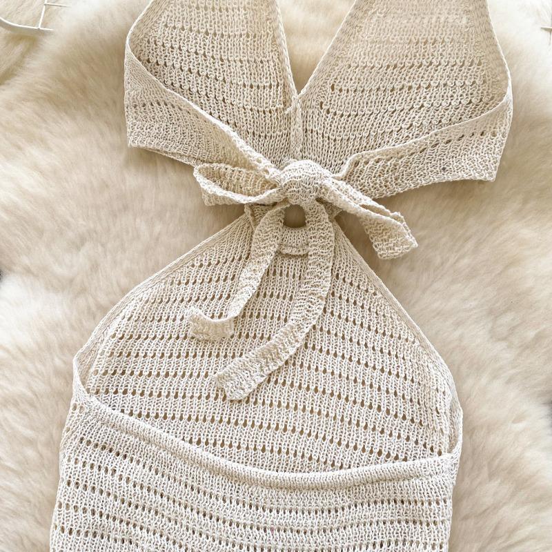 Women's Vacation Style Halter Dress Summer Deep V-neck Slit Backless Strappy Dress