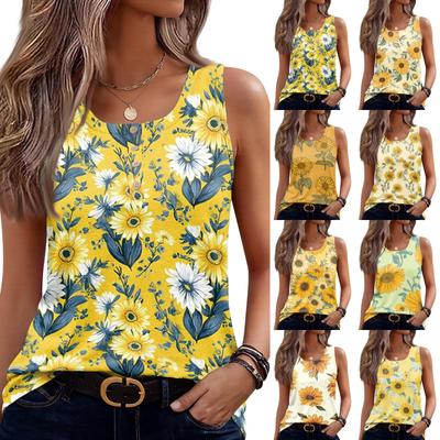 Womens Casual Sleeveless Tank Top Floral Print U Neck Button Detail Lightweight Summer Blouse