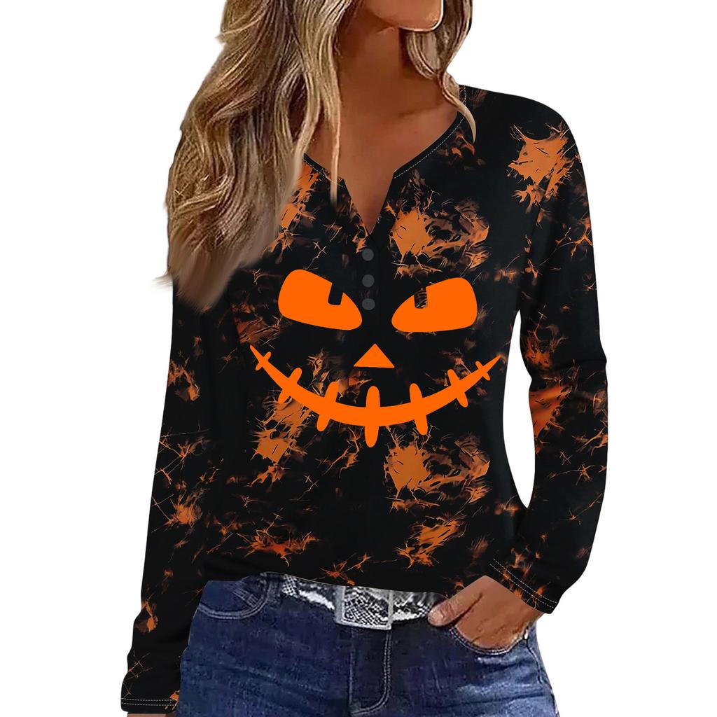 Women's Casual Halloween Print V-Neck Long Sleeve T-Shirt with Decorative Buttons