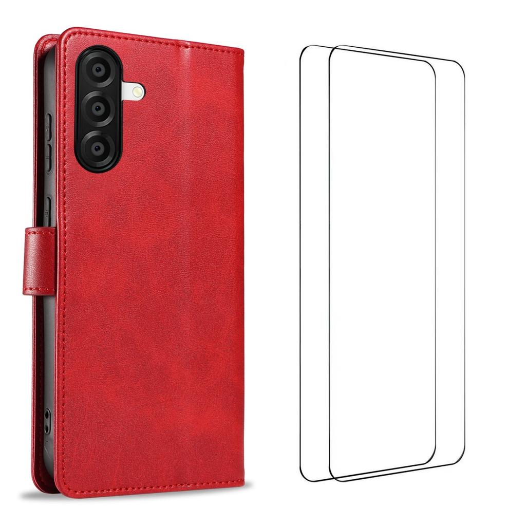 Für Samsung Galaxy A36 5G Hülle mit 2 Stück Panzerglas WANLONFENG WN Serie Kalbsleder Textur Handyhülle Große Aussparungen