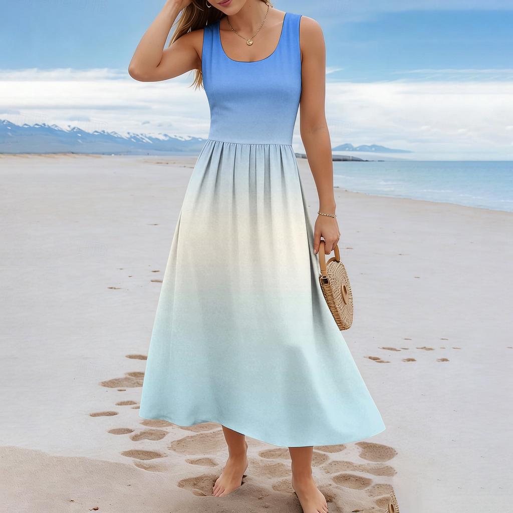 Ladies' Gradient Printed Summer Casual and Fashionable Sleeveless Long Dress