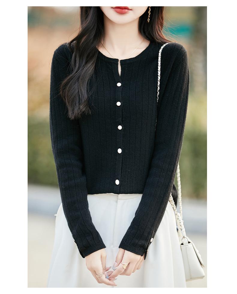100% Pure Wool Ribbed Knit Cardigan, Round Neck, Long Sleeve, Solid Color, Loose Fit, Warm Outerwear for Autumn & Winter
