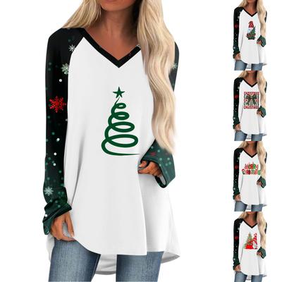 Women's Autumn And Winter Long Sleeved V-neck Christmas Printing Casual Long Loose T-shirt Top