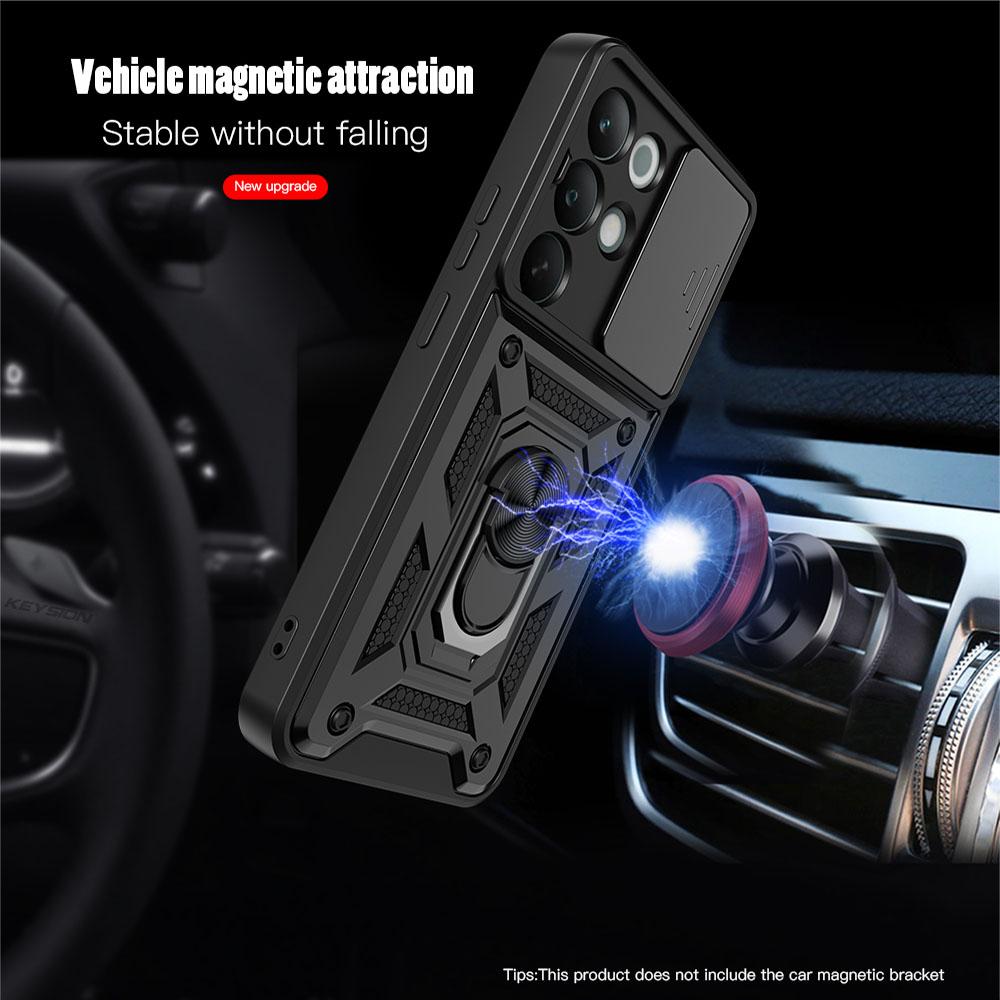 KEYSION Shockproof Armor Case for Realme C85 5G Slide Camera Lens Protection Ring Stand Phone Back Cover for OPPO Realme C85 Pro