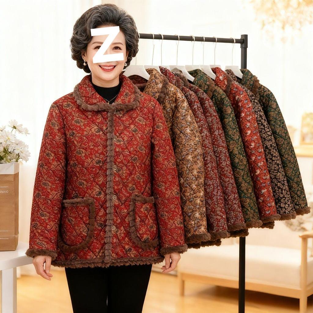 Jaqueta de Algodão Quente com Lapela Floral de Novo Estilo 2025 com Forro de Veludo para Mulheres de Meia-Idade e Idosas, Roupa Exterior Solta e Grossa para Outono e Inverno